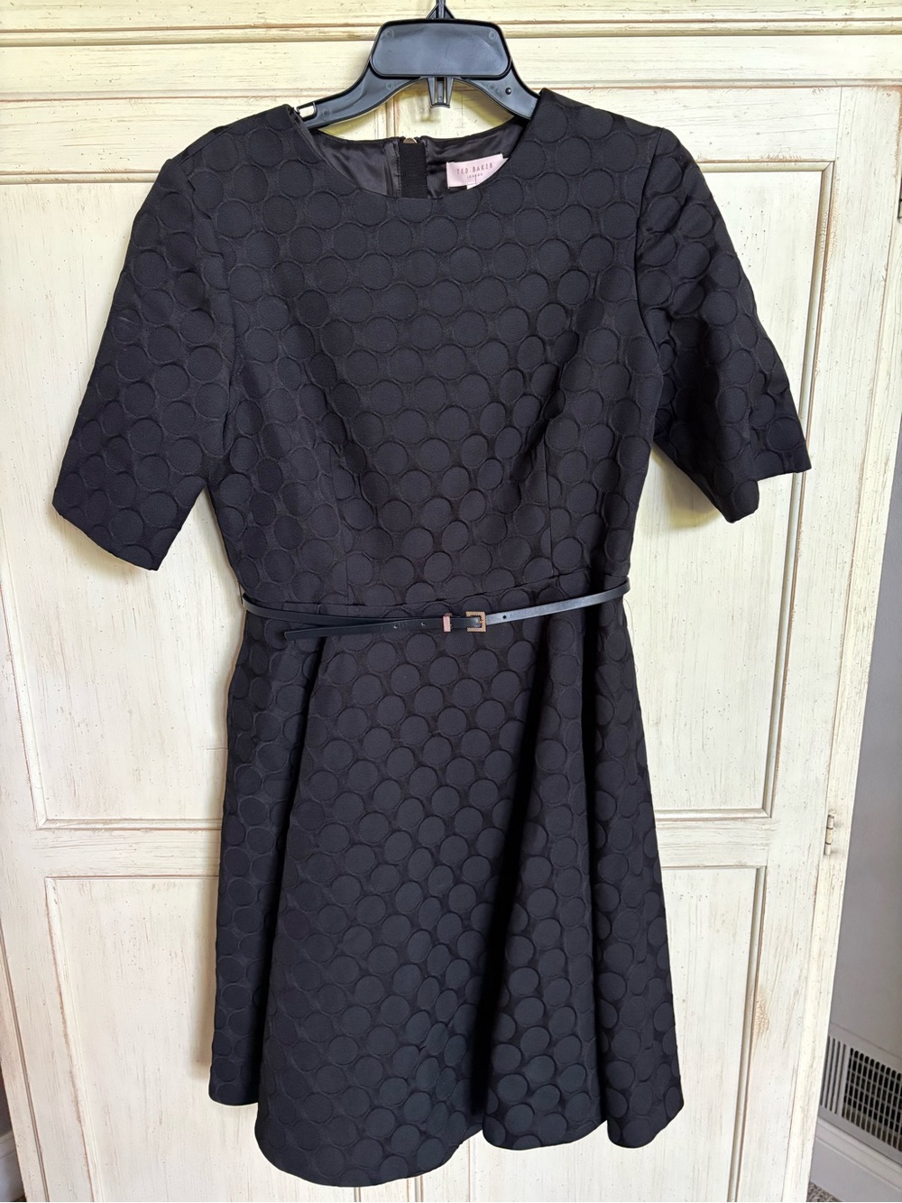 Ted Baker Black Dot Jacquard Fit-and-Flare Dress with Belt
